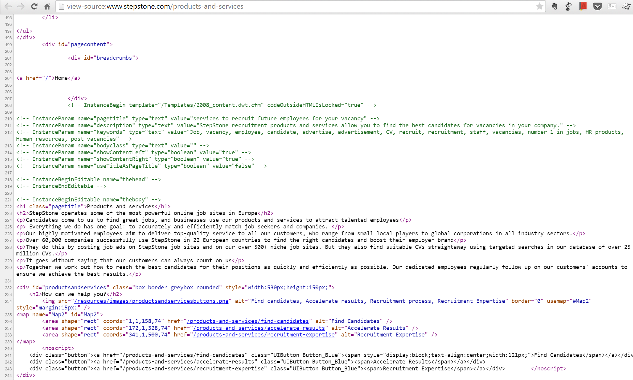Stepstone.com Source code still containing the Dreamweaver template comments