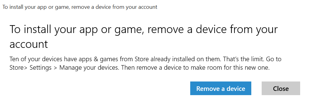 Screenshot: Dialog window telling me that there are too many devices linked with my account