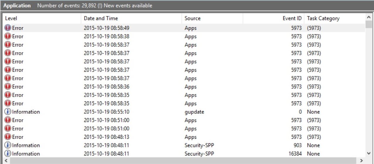 Screenshot: Windows 10 Event Log Error entries